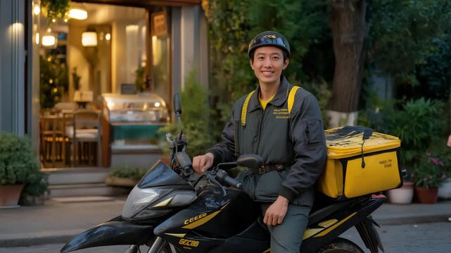 A delivery rider, their helmet scratched, parks a motorcycle outside a restaurant, its sign creaking. A thermal bag, its straps frayed, holds takeout containers, their plastic glossy. A phone