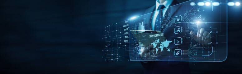 Business innovation progress touching the interface and transformation concept of digital change...