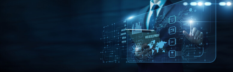 Business creativity design touching interface and web development coding platform responsive user...