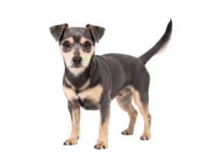 Small dog, grey and tan coat, stands alert against a black background, tail up