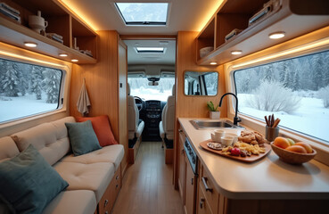 Cozy camper interior with snowy mountain views. Inside, a modern design showcases a kitchen space. A breakfast spread rests on the countertop. Comfort is important in this RV.