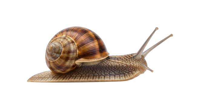 Snail's profile on black background shows its shell and extended antennae