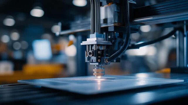 Close-up of a 3D printer extruding high-strength polymers under precise conditions, emotion of concentration and meticulous work visible, representing industrial fabrication, precision engineering,