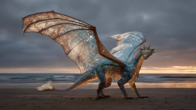 Mythical creature with wings on sandy beach under cloudy sky