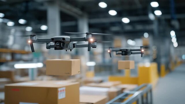 Close-up of drones scanning barcodes and transporting packages in an ultra-modern warehouse, emotion of precision and reliability visible, symbolizing AI-powered logistics, autonomous delivery