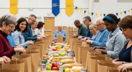 Community volunteers in action: group packing food for charity drive event