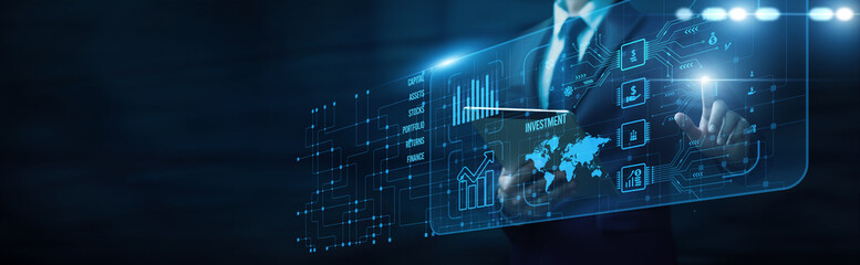 Business financial growth touching interface and investment portfolio strategy planning wealth management capital allocation market analysis, and profit expansion opportunity.