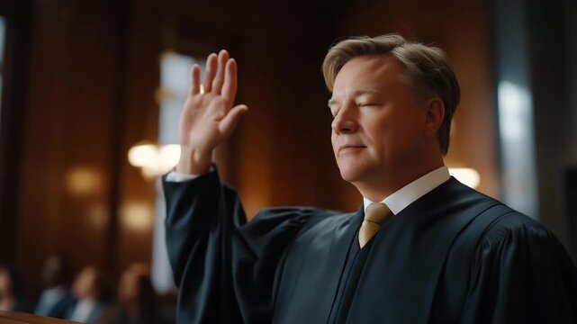 Courtroom scene with judge declaring prohibition on specific activity, emotion of solemn authority visible, symbolizing judicial decision-making, legal restrictions, and civic rule enforcement.