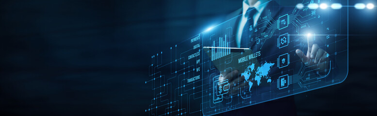 Business payment innovation touching interface and mobile wallets digital transaction financial technology seamless transfer secure gateway cashless economy, and convenience.