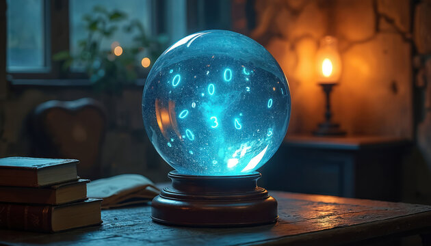 Glowing crystal ball displays blue numbers swirling inside, placed on old wood table. Old books stacked near in dimly lit, mystic room. Implies future, numerology, tech, magic power for ancient