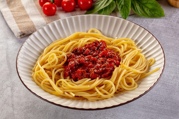 Italian pasta spaghetti bolognese with minced beef meat and tomato sauce