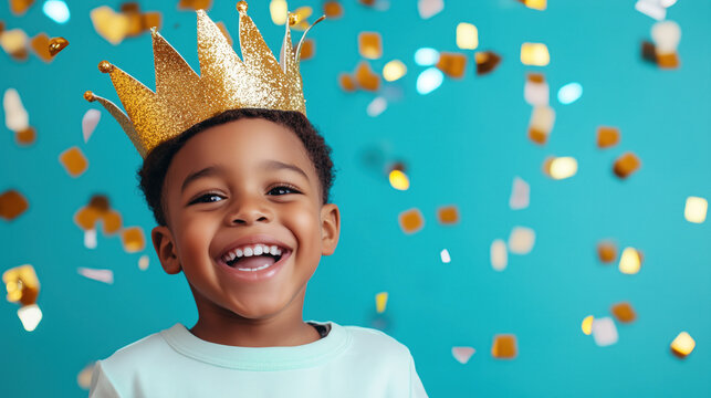 Happy and smiling black boy wearing golden crown on confetti and vivid blue background with copy space for text.