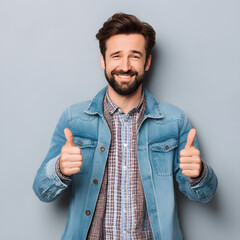 Portrait of a cheerful man smiling and giving a thumbs up gesture while standing against a neutral gray background.