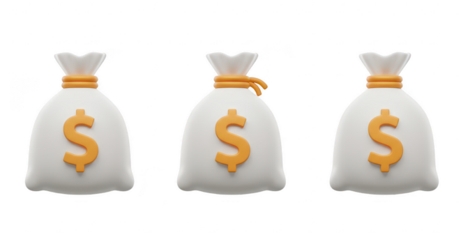 Bags of Wealth: Three pristine bags filled with financial wealth and opportunity, their golden symbols shimmering in the light, symbolizing financial growth.