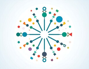 Abstract circular graphic with lines and various colorful geometric shapes