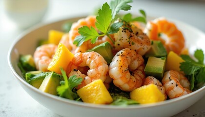 Colorful salad features cooked shrimp, diced avocado, and juicy mango chunks with fresh greens. A light, tasty meal perfect for summer dining or healthy recipes.