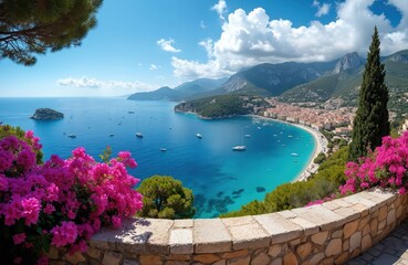 Obraz premium Coastal town sits by deep blue sea bay. Many boats, yachts anchor in turquoise water near sandy beach. Buildings line shore. Green hills, mountains rise high. Pink flowers frame stunning