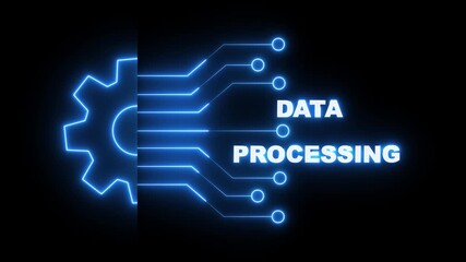 glowing neon data processing circuit gear icon isolated on black background. neon gear and circuit lines representing data processing and cyber security technology concept. - Powered by Adobe