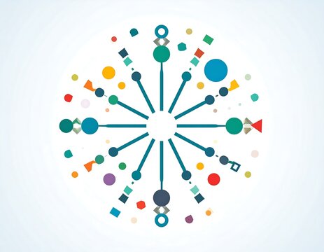 Abstract circular graphic with lines and various colorful geometric shapes