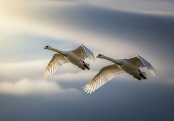 Obraz premium Two majestic swans gracefully soaring through a cloudy sky at sunset
