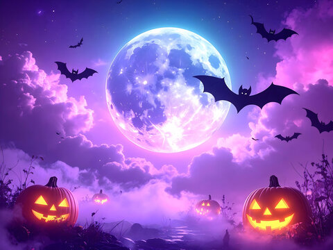 Halloween night with a large full moon, flying bats, and glowing jack-o'-lanterns in a misty purple landscape