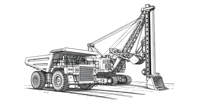 Sideboom Pipelayer Crawler Crane - Pipeline Construction Engineering Line Art Vector