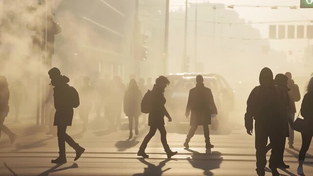 People walking on a street of a polluted city. Air pollution concept.