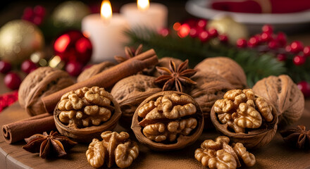 Festive Christmas still life with walnuts, cinnamon, star anise, candles, and decorations