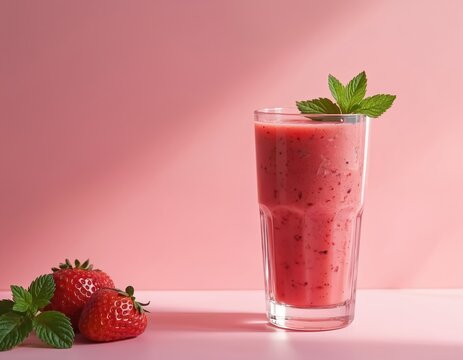 Glass of vibrant strawberry smoothie with fresh mint leaves sits beside ripe strawberries on pink background. Refreshing healthy berry drink, perfect for summer.