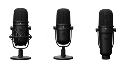 Professional Microphones Trio: An ensemble of sleek, professional microphones, each poised to capture pristine audio in a studio setting.