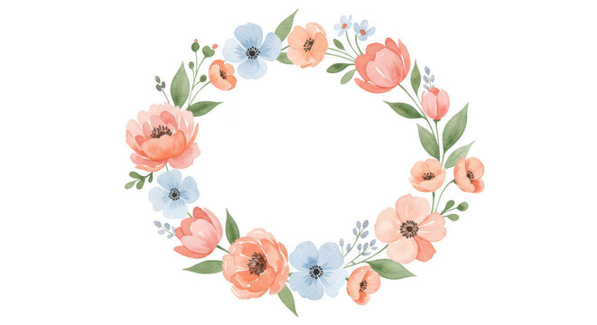 Floral Wreath: A watercolor wreath, an eye-catching illustration of a circular garland of vibrant blooms, crafted in soft hues and exquisite detail, perfect for adding a touch of floral elegance.