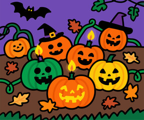 Colorful Halloween Pumpkin Patch Vector Illustration, Green Yellow Orange Jack-o-Lanterns, Witch Hats, Candles, Bat, Autumn Leaves