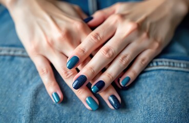 Fototapeta premium Woman hands with blue nail polish manicure on denim fabric background. Nails have glossy and glitter finishes for a stylish look. Perfect for beauty and fashion content.