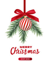 Christmas balls Red and white striped hang on red satin ribbon with bow. Xmas background for l festive mood for holiday campaigns, winter celebrations, festive greeting cards, or seasonal marketing of