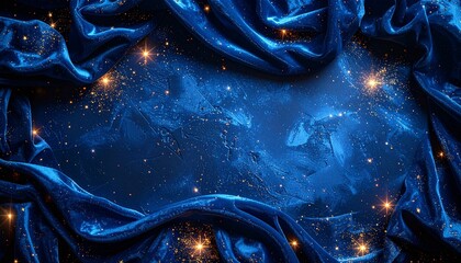 Luxurious Deep Blue Velvet Fabric with Golden Sparkles, Magical Starry Texture Background, Elegant Fantasy Design for Product Display or Creative Wallpaper