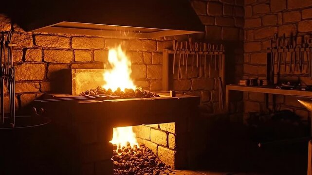 Fire Burning in a Brick Forging Workshop with Anvil and Tools A Warm Interior Scene with Industrial Vibe in Dark Ambiance with Metal and Brick Details and Bright Orange Flames