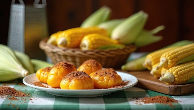 Corn cural and pamonha on green tablecloth. Traditional Brazilian sweets and corn cobs served. Festive snack dessert food is cooked at home. Delicious party table is ready.