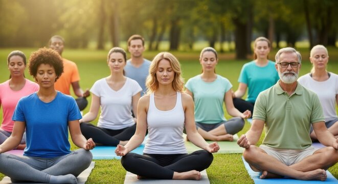 Group yoga session outdoors in a serene park environment for relaxation and mindfulness practice