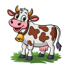 Fototapeta premium Cute Cartoon Cow Smiling on Grass with Golden Bell