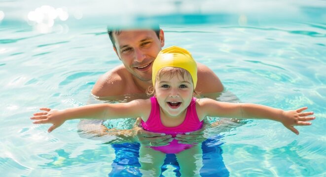 Father and daughter enjoying swimming lesson in pool on a sunny summer day