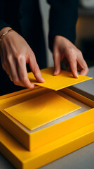Close-up of hands placing yellow cards inside a modern luxury packaging box