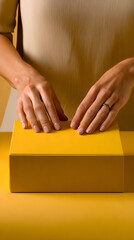 Close-up of hands gently touching a closed yellow gift box on a monochrome yellow background