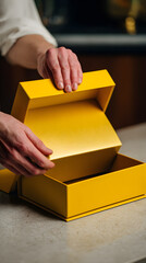 Close-up of hands opening a stylish yellow gift box on a clean surface