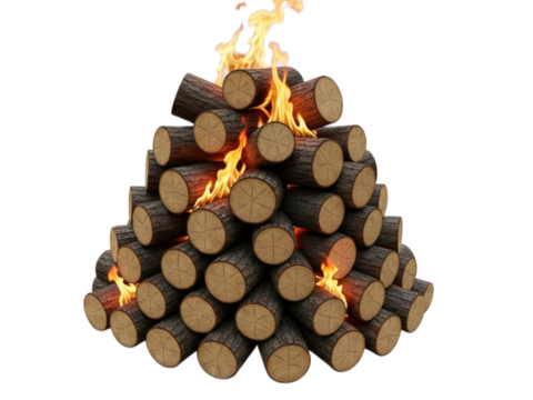 Stacked logs burn bright, flames licking upwards, against a black background