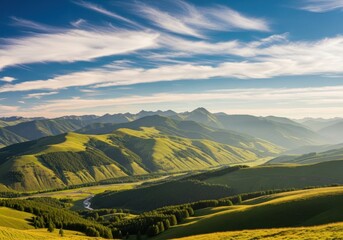 Sunlight illuminates rolling green hills under a dramatic sky