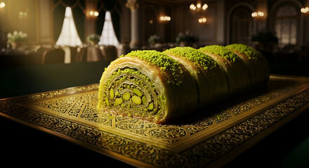 Exquisite dessert: Close-up of baklava roll with pistachios on a decorative tray