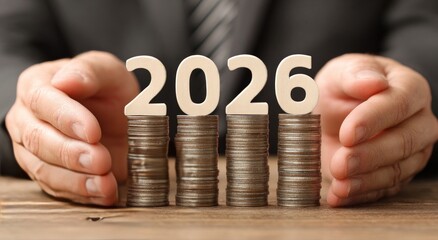 Businessman Hands Protecting Coins with Wooden Year 2026 on Top in Financial Growth Concept