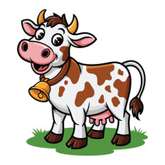 Fototapeta premium Cute Cartoon Cow Smiling on Grass with Golden Bell