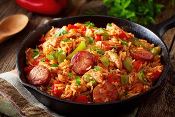 Fototapeta premium Flavorful Cajun Jambalaya: A Spicy Homemade Meal Bursting with Louisiana Essence and Savory Sausage and Chicken Over Rice