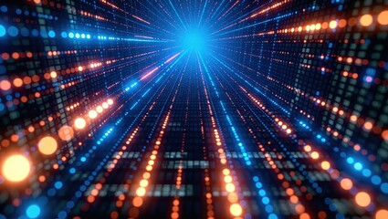 Abstract Digital Tunnel with Glowing Blue and Orange Lights.